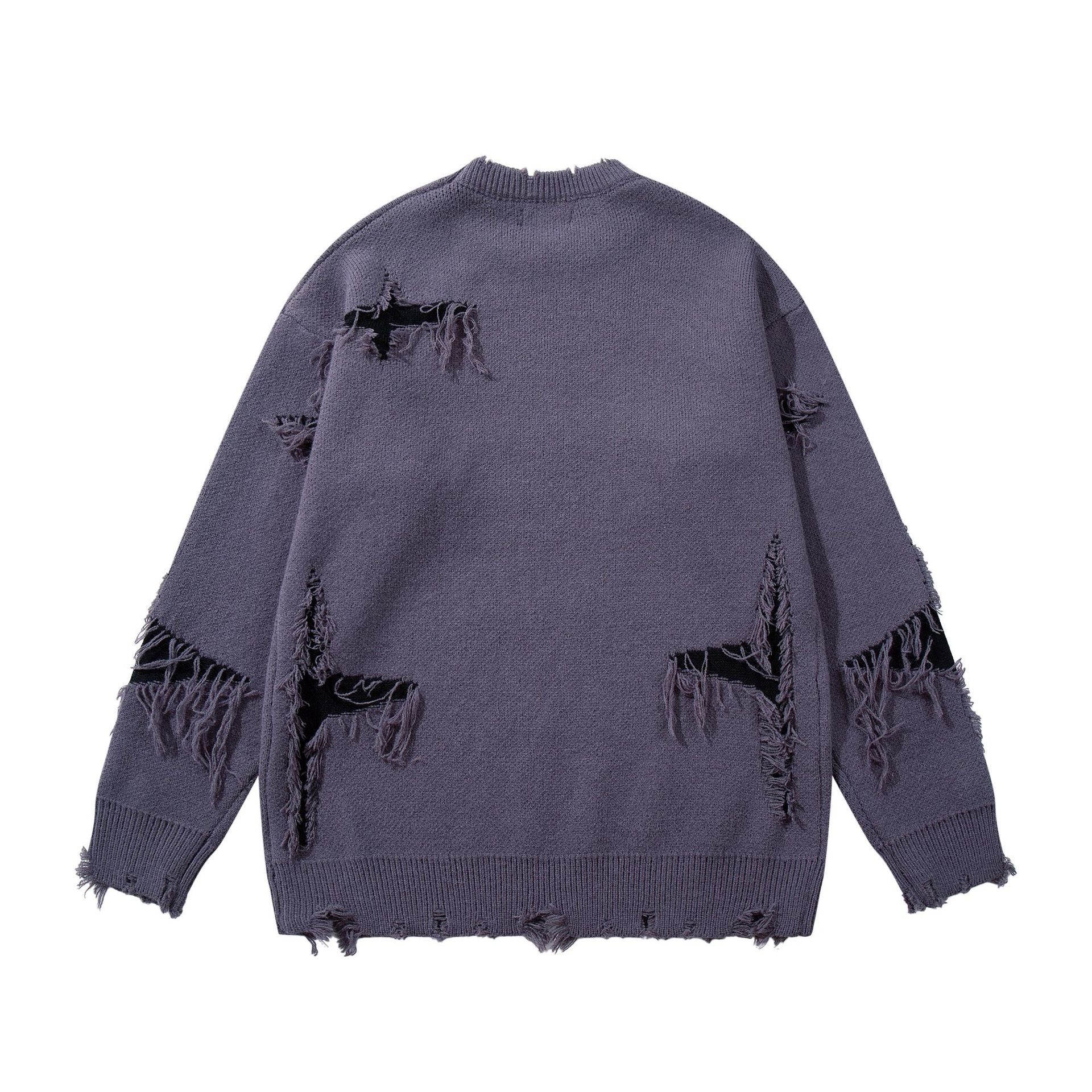Men's Skull Jacquard Distressed Knit Sweater – Oversized Crewneck