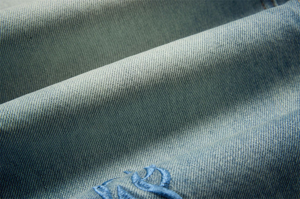 Men's Light Wash Jeans – Floral Embroidery, Metal Clasp Fly & Straight Leg