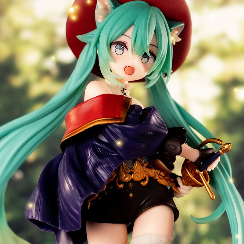 The Hatsune Miku Puss in Boots Fairy Tale 18cm PVC Figure showcases a green-haired anime character with cat ears, a red hat, navy blue off-shoulder top, and small sword against a blurred green-lit background.