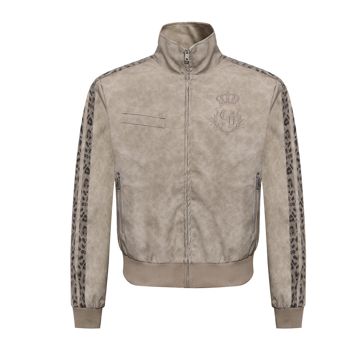 High Neck Leather Jacket with Leopard Side Panels & Crown Emblem