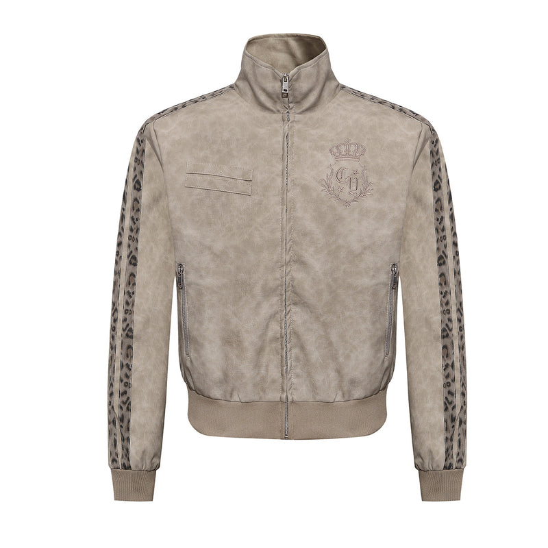 High Neck Leather Jacket with Leopard Side Panels & Crown Emblem
