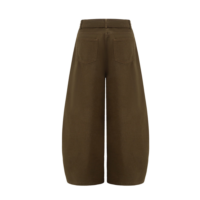 Wide-Leg Barrel Pants with Belt Strap, Pleated High-Waist Washed Casual Trousers