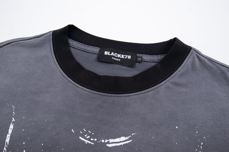 T-shirt gris à manches longues – Imprimé graffiti vintage délavé streetwear à col rond