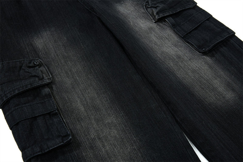 Vaqueros cargo para hombre — Pantalón vaquero de pierna ancha con múltiples bolsillos y lavado desgastado