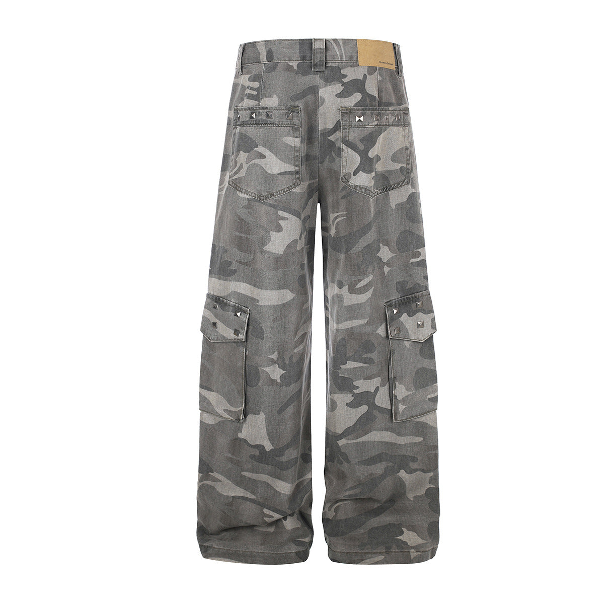 Pantalon cargo baggy camouflage à rivets, coupe large et multi-poches