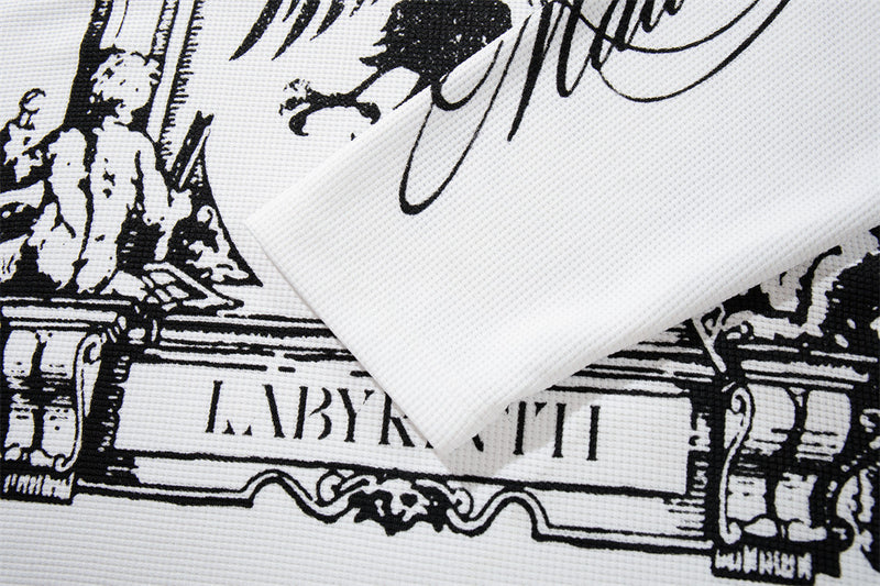 Labyrinth Double Eagle Crest Graphic Long-Sleeve Tee – White Waffle-Knit