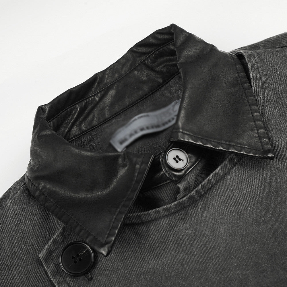 Moto-Inspired Workwear Jacket – Irregular Button Placket, Contrast Collar