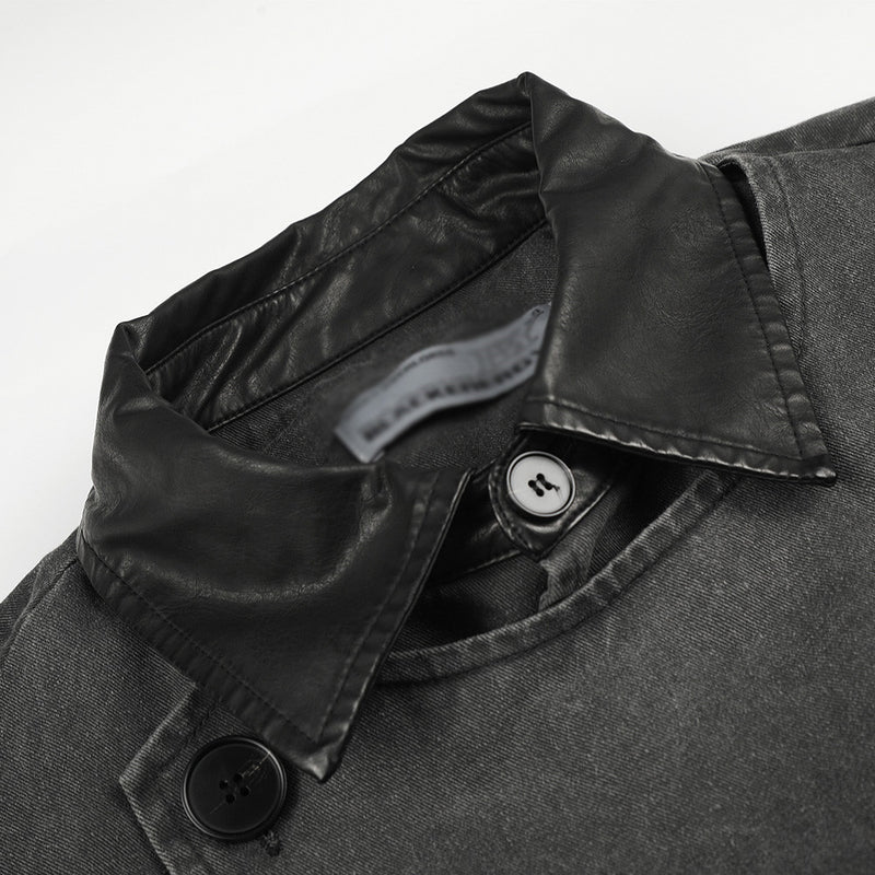 Moto-Inspired Workwear Jacket – Irregular Button Placket, Contrast Collar