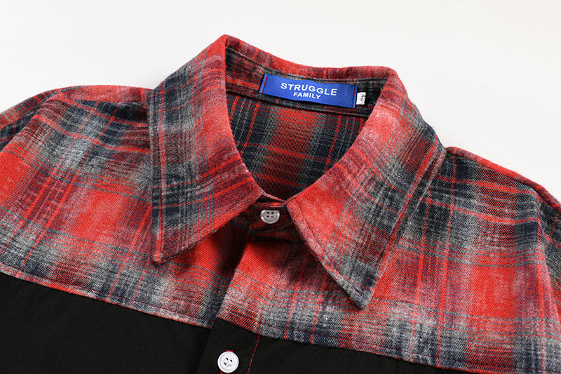 Long Sleeve Button Shirt – Plaid Patchwork Graphic Print Oversized Flannel