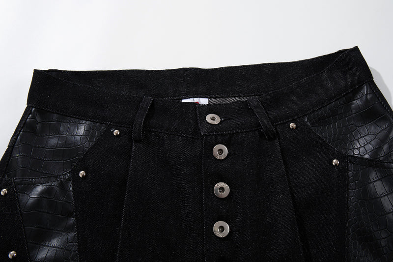 Jean taille haute baggy – Denim noir large avec empiècements effet croco et détails argentés