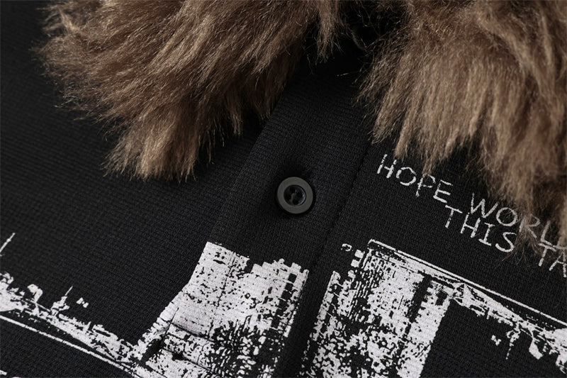 Fur Collar Long Sleeve Polo Shirt – Graphic Print Oversized Streetwear Top