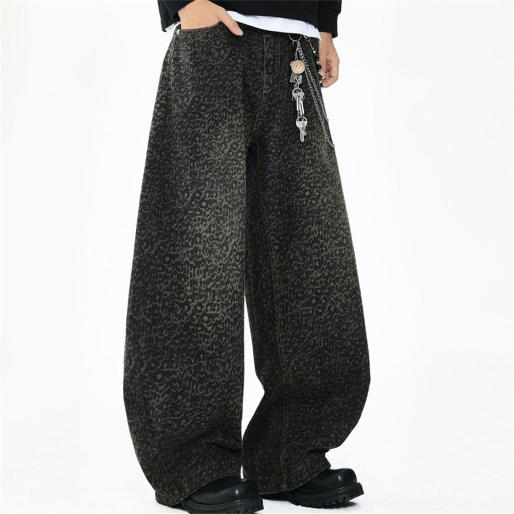 Leopard Print Wide-Leg Baggy Jeans – Oversized Curved Denim Pants