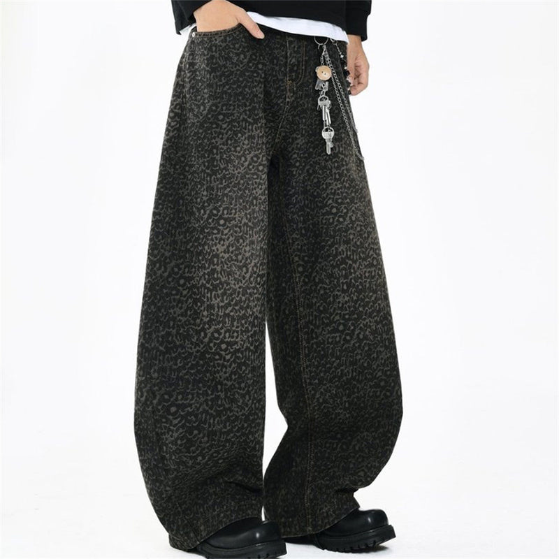 Leopard Print Wide-Leg Baggy Jeans – Oversized Curved Denim Pants