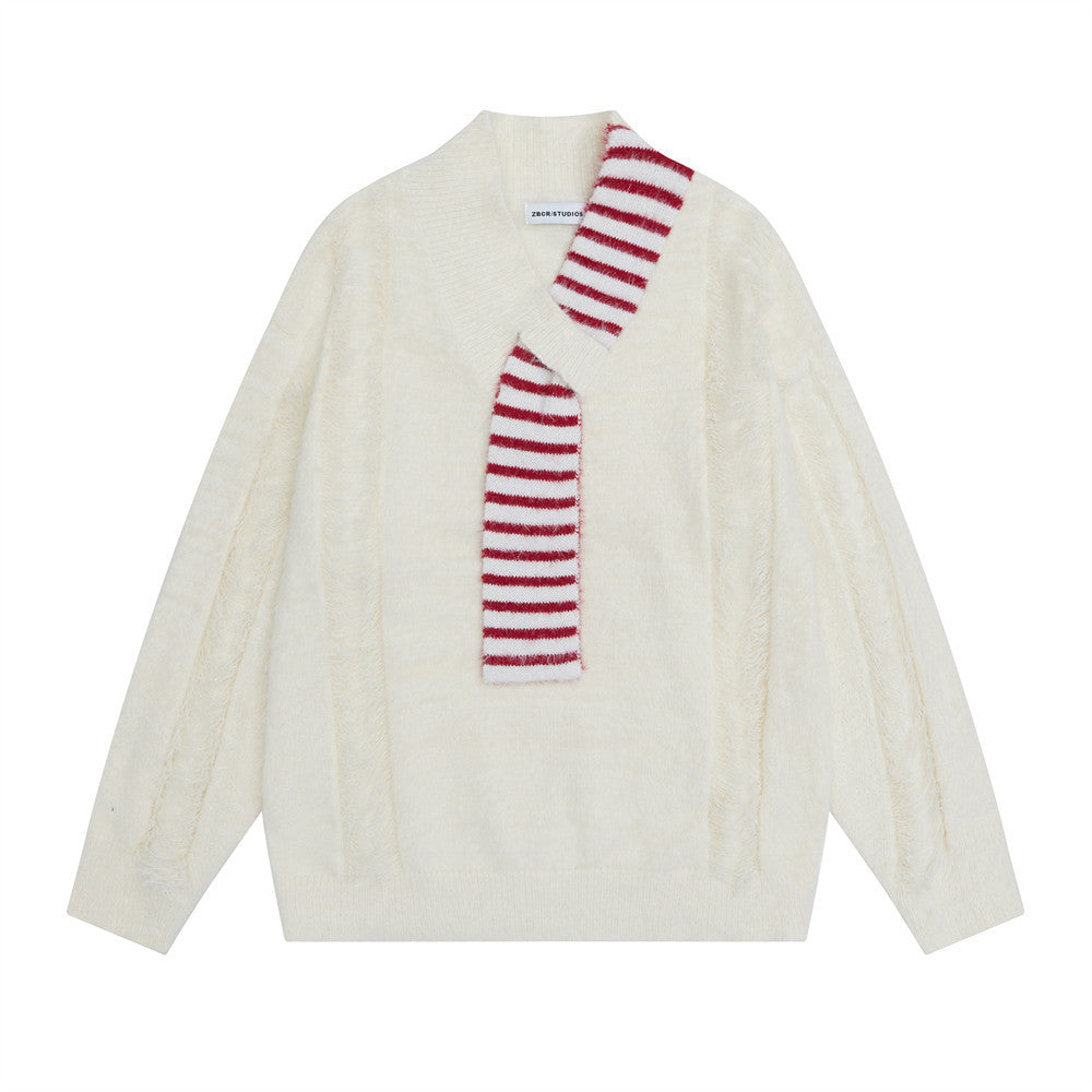 V-Neck Oversized Knit Sweater with Striped Scarf Detail