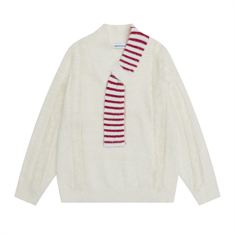 V-Neck Oversized Knit Sweater with Striped Scarf Detail
