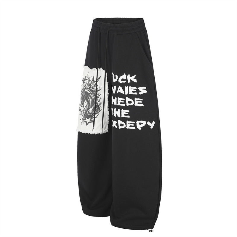 Pantalon de survêtement homme à jambes larges, motif graphique – Écusson licorne et slogan imprimé noir
