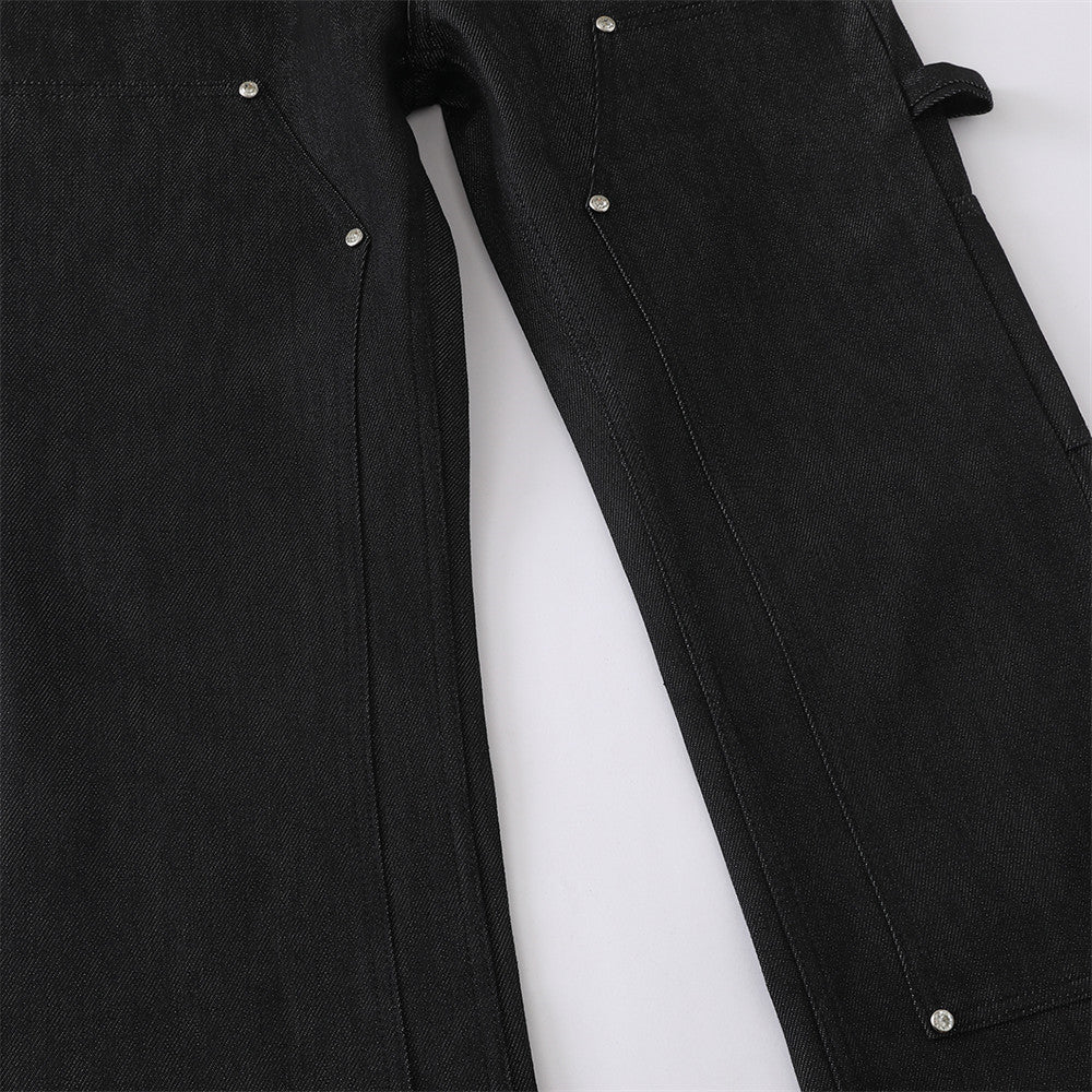 Black Baggy Flare Cargo Jeans – Wide Leg Denim with Rivet & Patch Detail