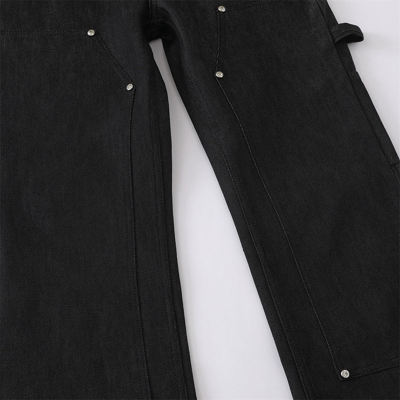 Black Baggy Flare Cargo Jeans – Wide Leg Denim with Rivet & Patch Detail