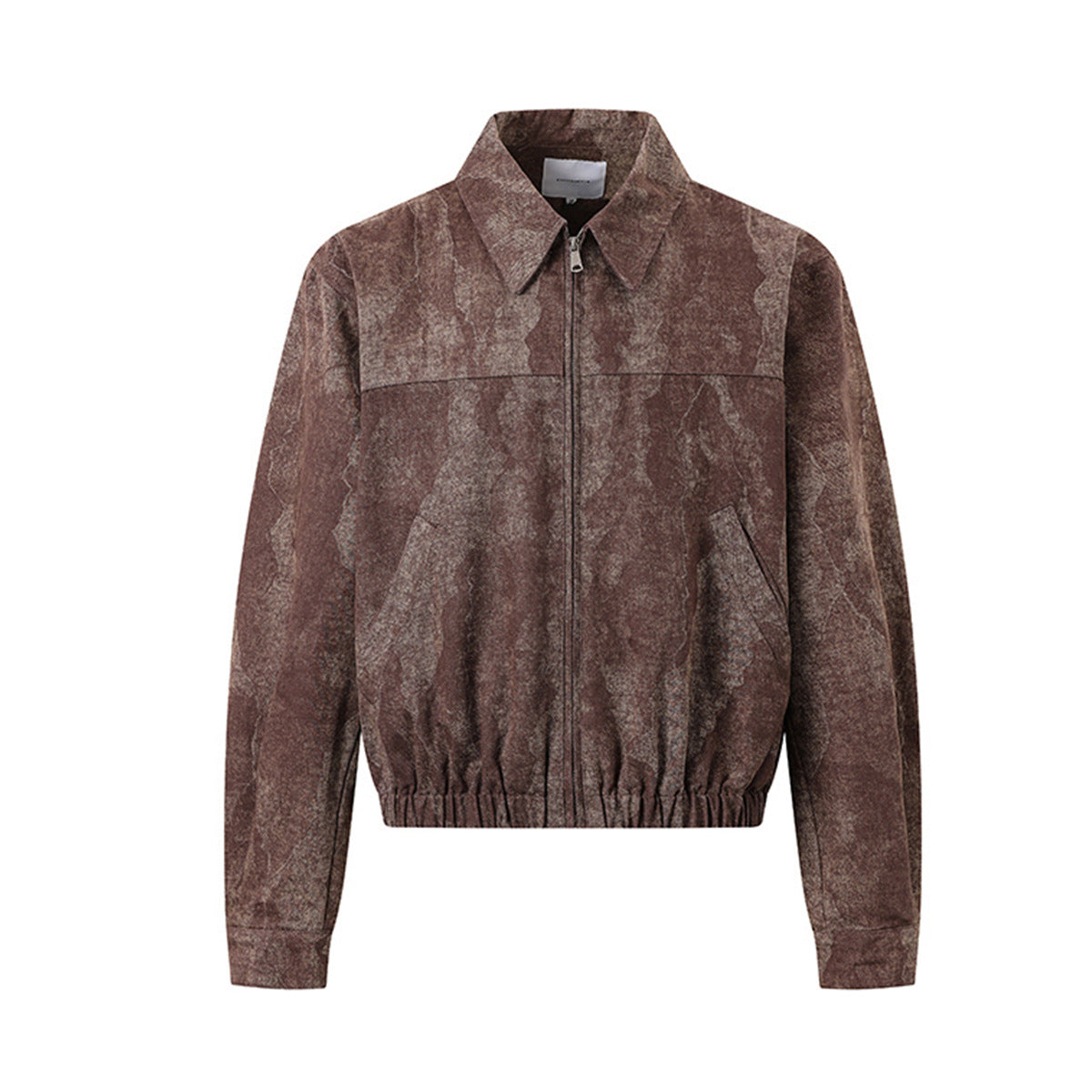 Men's Brown Bomber Jacket Vintage Washed Camo-Pattern Zip-Up Outerwear