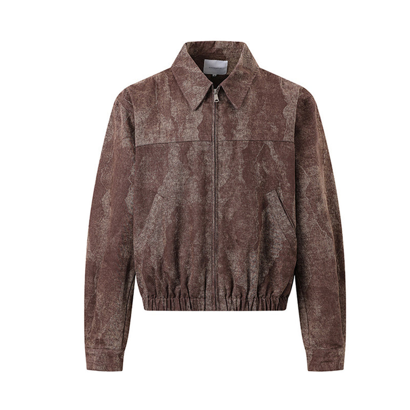 Men's Brown Bomber Jacket Vintage Washed Camo-Pattern Zip-Up Outerwear