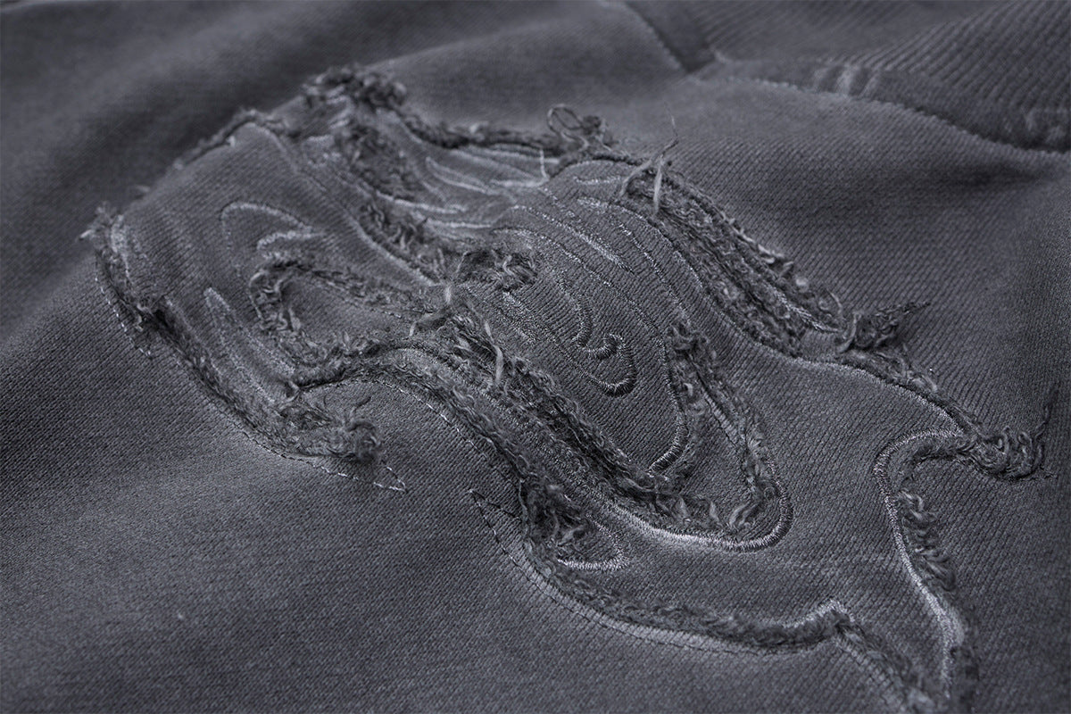 Verwaschenes Vintage-Sweatshirt mit geprägtem Drachen, Langarm – Raw-Edge-Moto-Crewneck