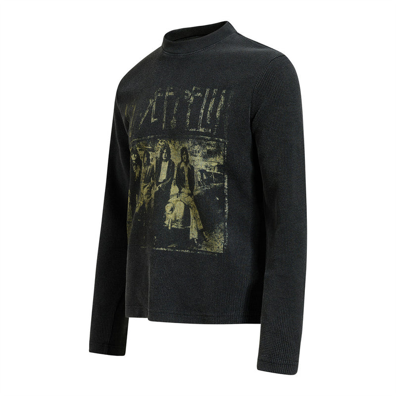 Men's Black Long Sleeve Shirt – Led Zeppelin Vintage Band Graphic Waffle Knit