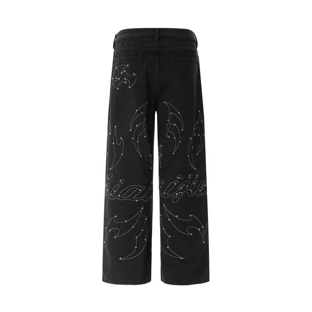 Schwarze Wide-Leg-Hose für Herren – Flammen- und Sternstickerei mit Nieten, gerade geschnitten