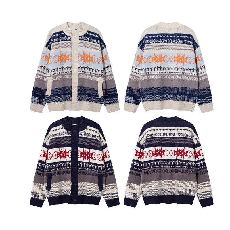 Fair Isle Jacquard Knit Cardigan Sweater – Retro Korean-Style Button-Up