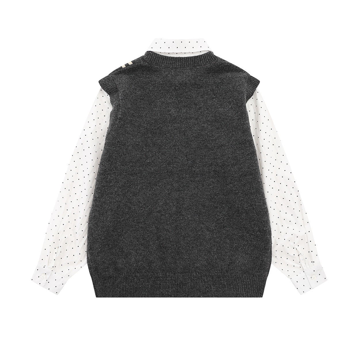 Sweater Faux Two-Piece Knit Vest with Polka Dot Shirt Collar & Bunny Embroidery
