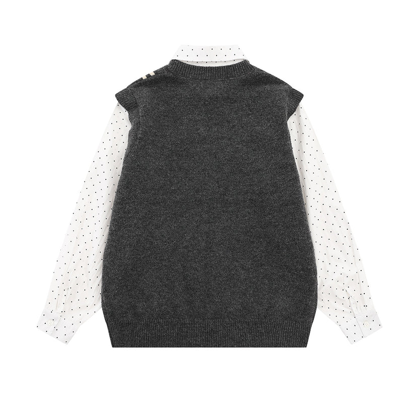Sweater Faux Two-Piece Knit Vest with Polka Dot Shirt Collar & Bunny Embroidery