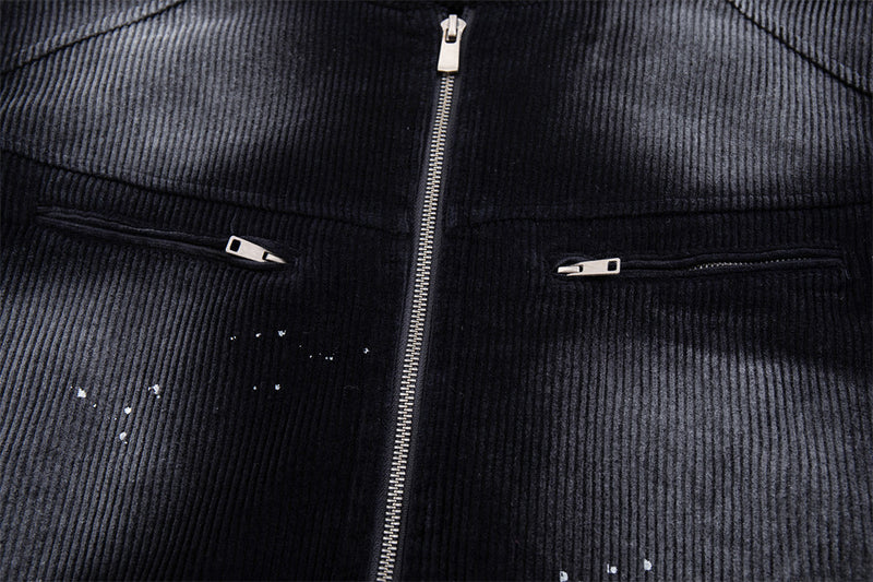 Biker Jacket for Men – Distressed Corduroy Stand-Collar Moto Jacket in Black