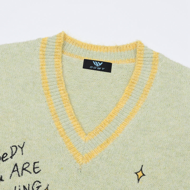 V-Neck Knit Sweater Vest with Cute Puppy Picnic Embroidery