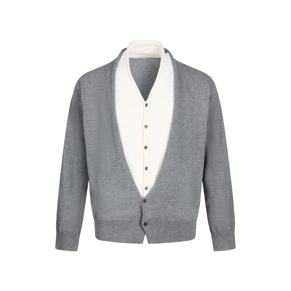 Men's two-tone faux-layered V neck cardigan sweater in grey with cream contrast placket, front view
