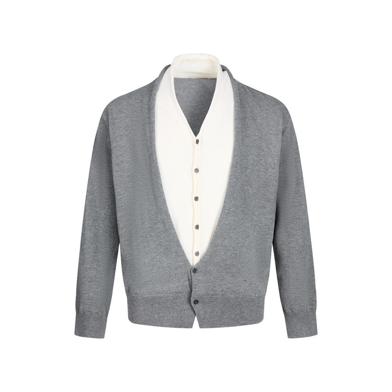 Men's two-tone faux-layered V neck cardigan sweater in grey with cream contrast placket, front view