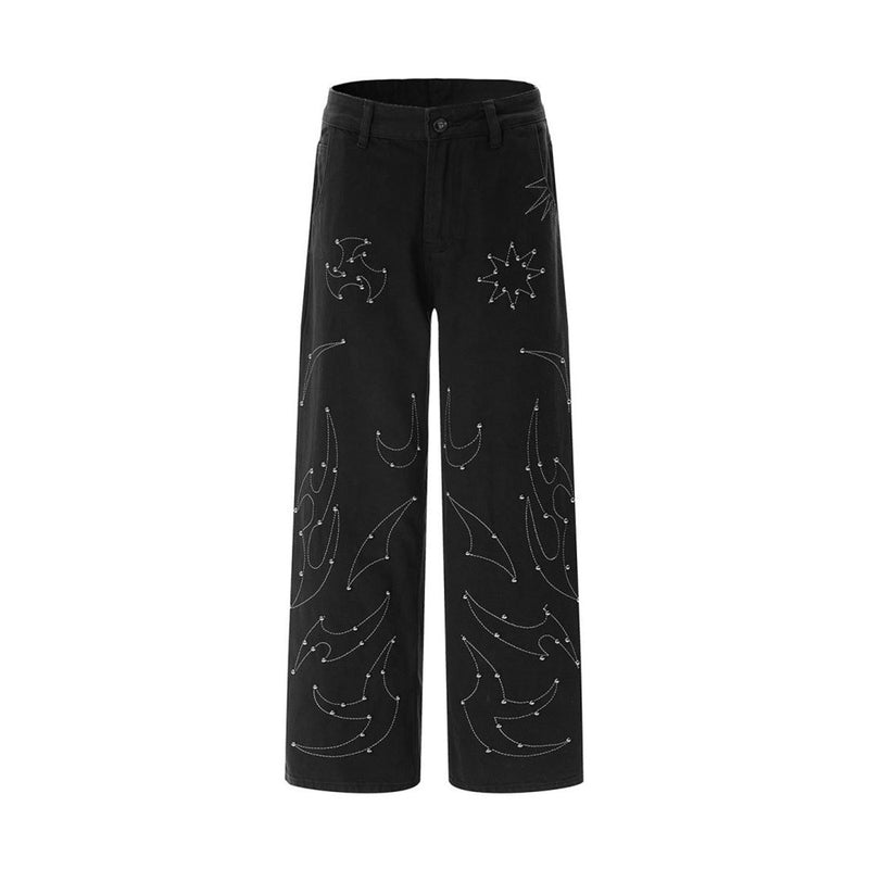 Schwarze Wide-Leg-Hose für Herren – Flammen- und Sternstickerei mit Nieten, gerade geschnitten