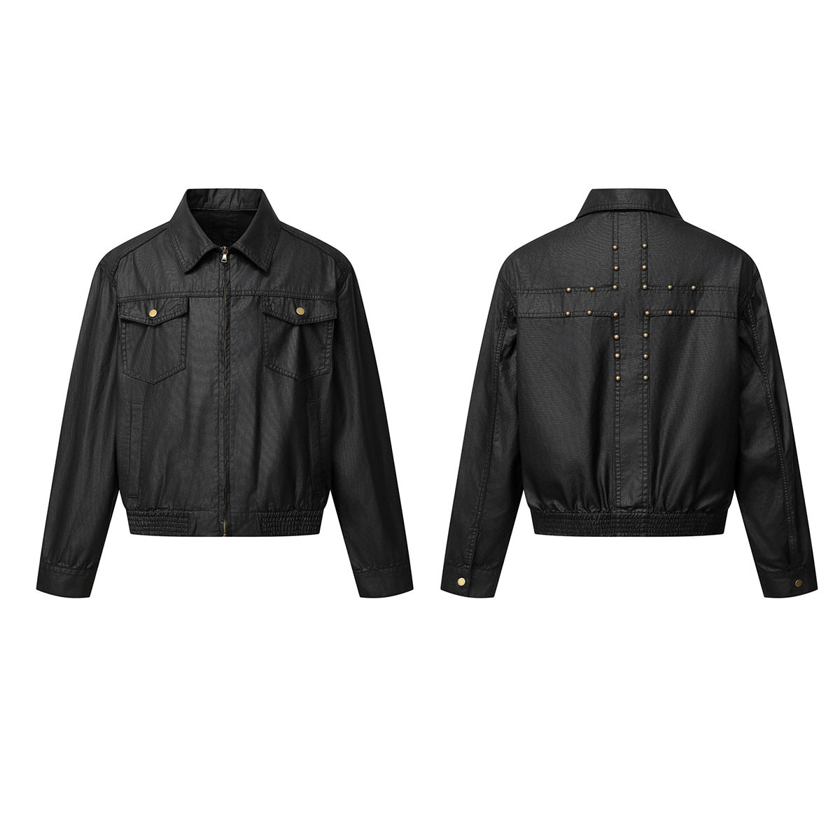 Wax-Coated Denim Jacket – Boxy Fit with Gold Stud Cross Back Detail