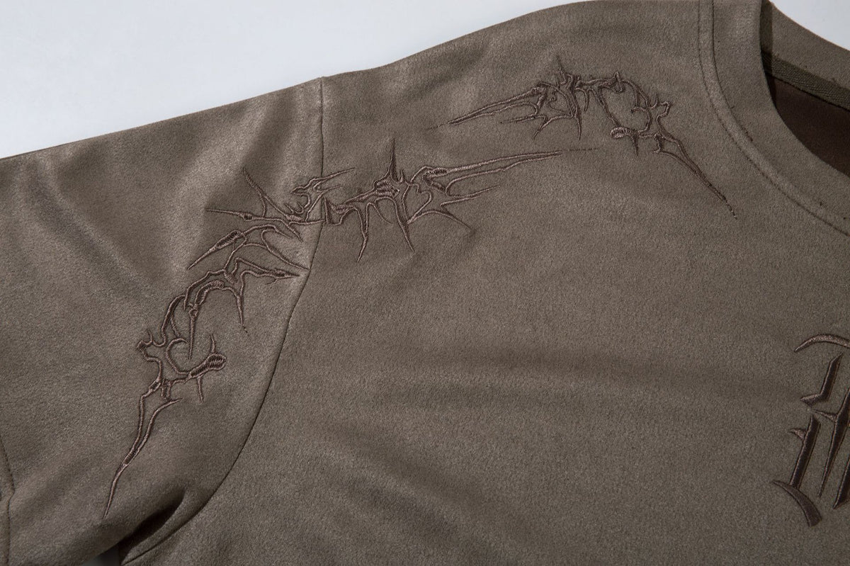 Men's Oversized Suede-Finish Thorn Embroidery Short Sleeve T-Shirt
