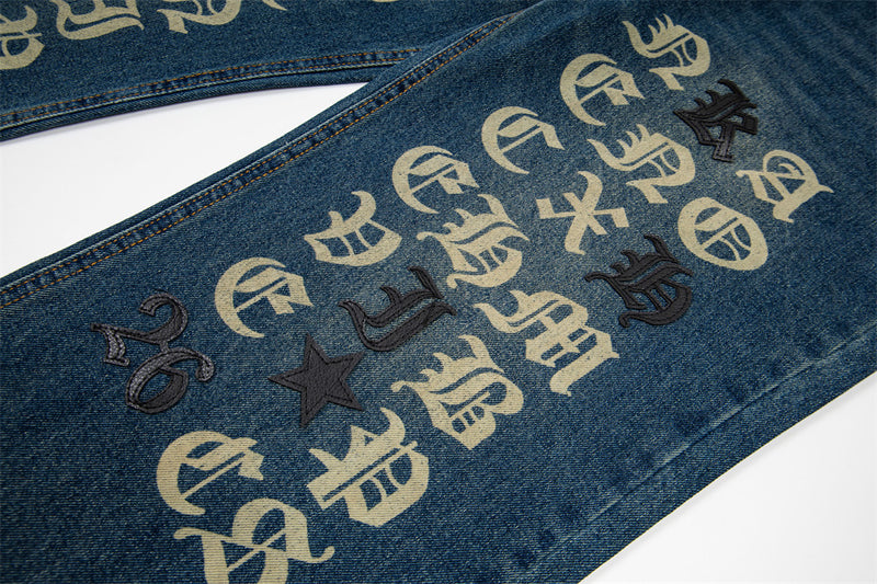 Gothic Old English Letter Print Washed Straight-Leg Jeans