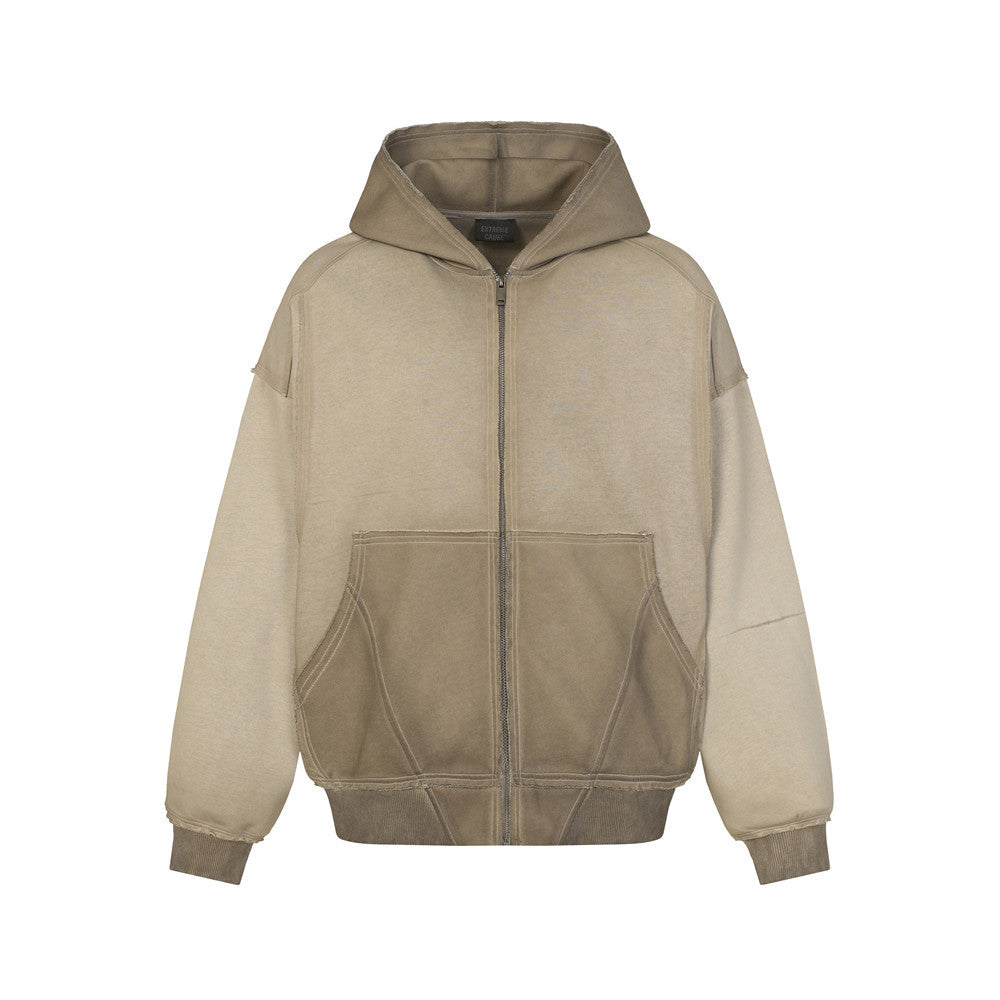 Oversized-Zip-Hoodie in gewaschener Khakifarbe mit Patchwork-Design, offenen Nähten und dekonstruierten Einsätzen