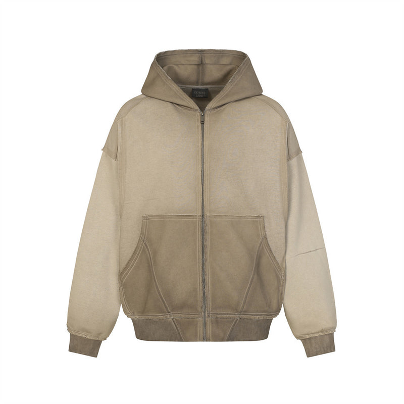 Oversized-Zip-Hoodie in gewaschener Khakifarbe mit Patchwork-Design, offenen Nähten und dekonstruierten Einsätzen