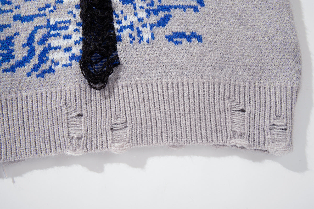 Union Jack Jacquard Knit Sweater – Oversized Crew Neck with Distressed Hem