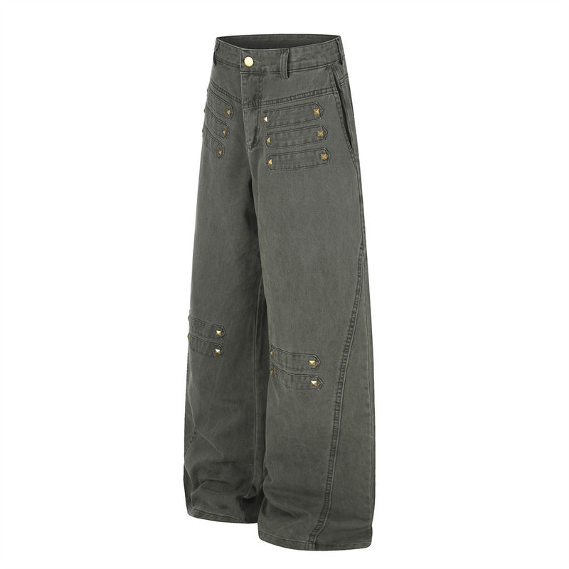 Wide-Leg Cargo Pants with Gold Pyramid Studs – Punk Workwear Straight-Cut