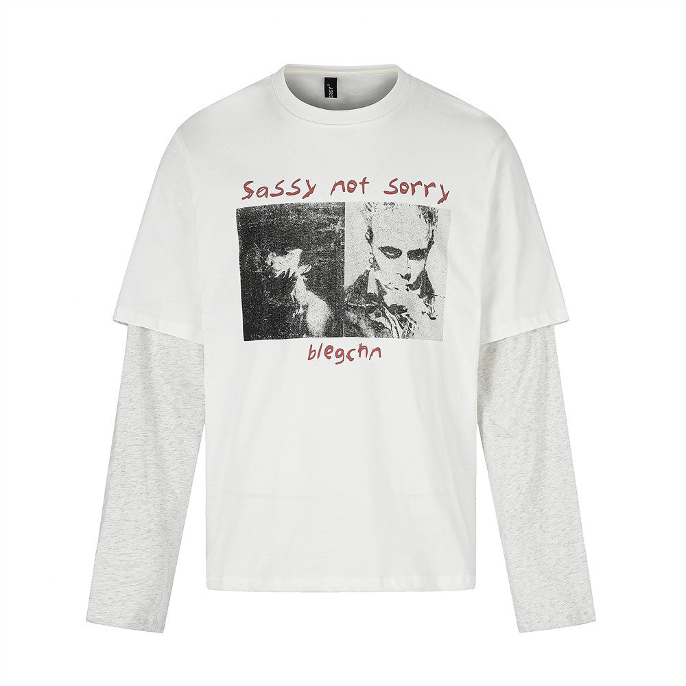 Oversized Faux-Layered Long Sleeve Graphic Tee – Portrait Print Crew Neck