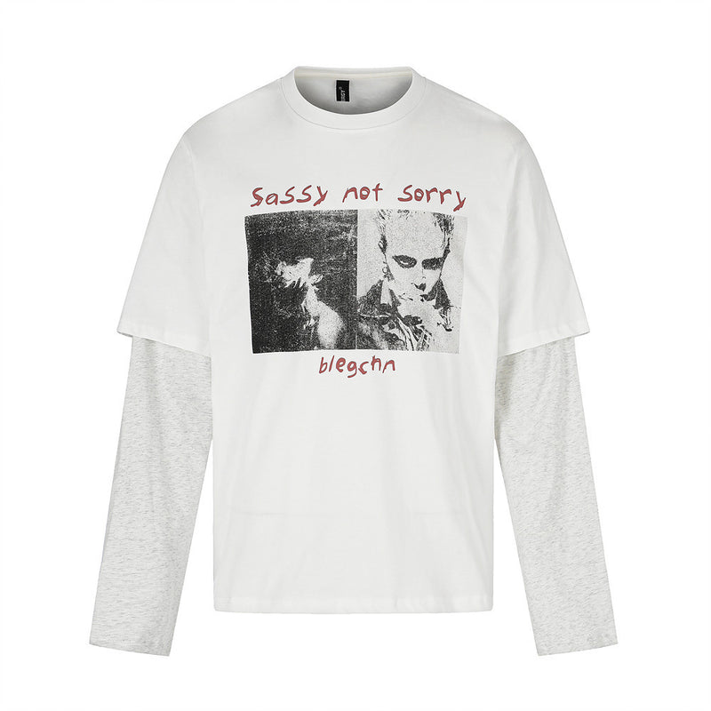 Oversized Faux-Layered Long Sleeve Graphic Tee – Portrait Print Crew Neck