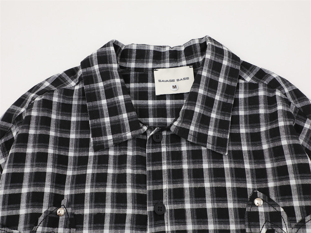 Plaid Long Sleeve Shirt – Oversized Fit with Raw-Edge Appliqué Detail