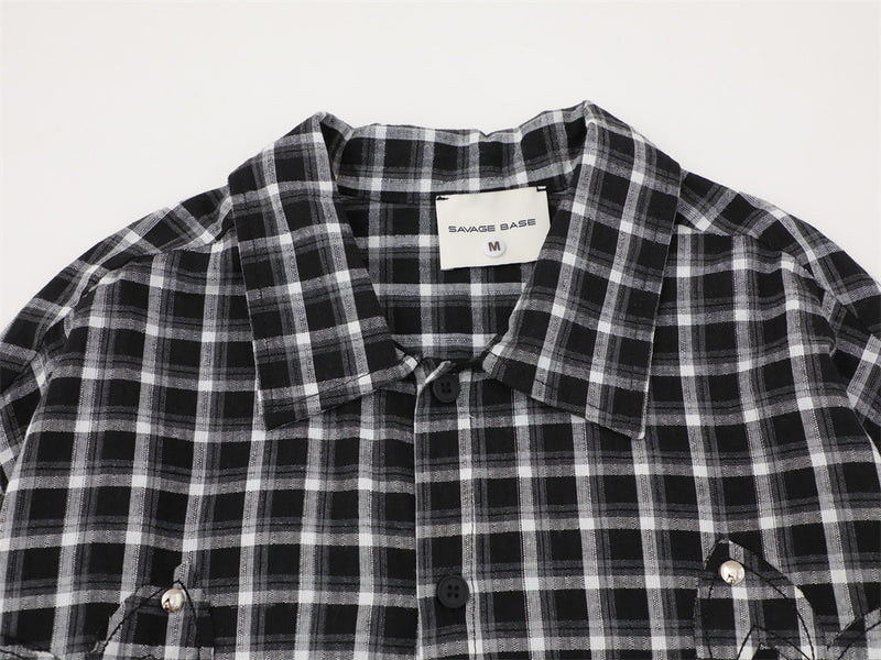 Plaid Long Sleeve Shirt – Oversized Fit with Raw-Edge Appliqué Detail