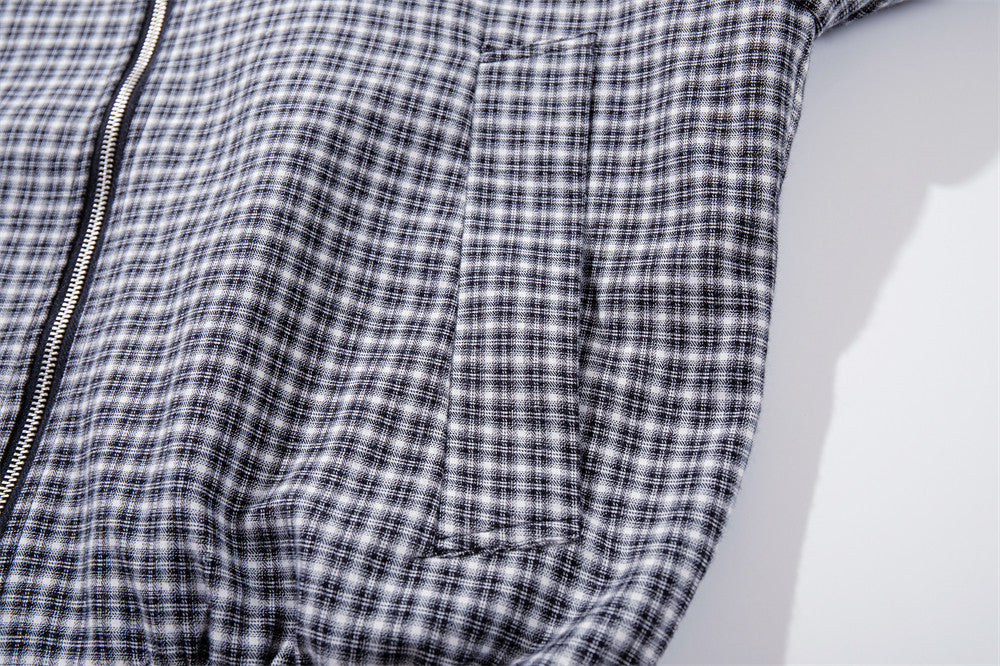 Plaid Zip-Up Bomber Jacket – Relaxed Fit Spread Collar Short Outerwear