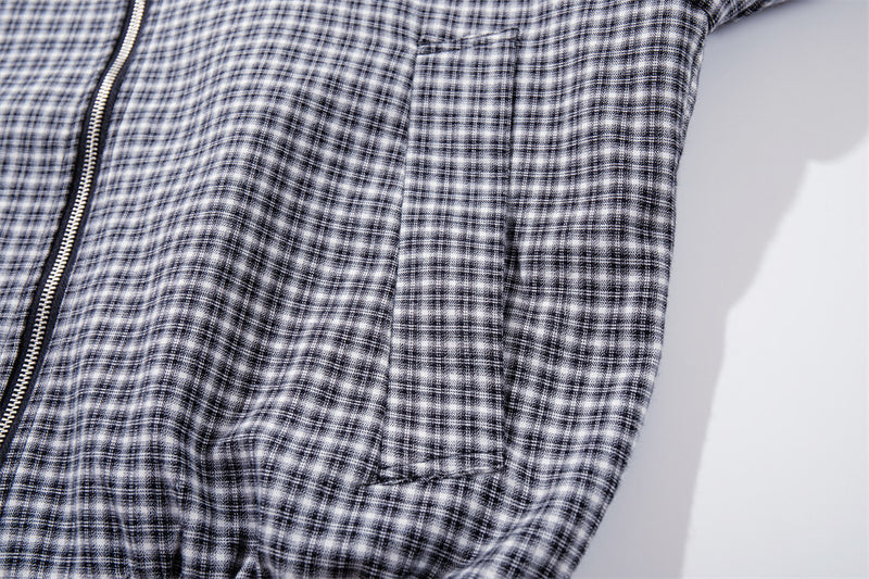 Plaid Zip-Up Bomber Jacket – Relaxed Fit Spread Collar Short Outerwear