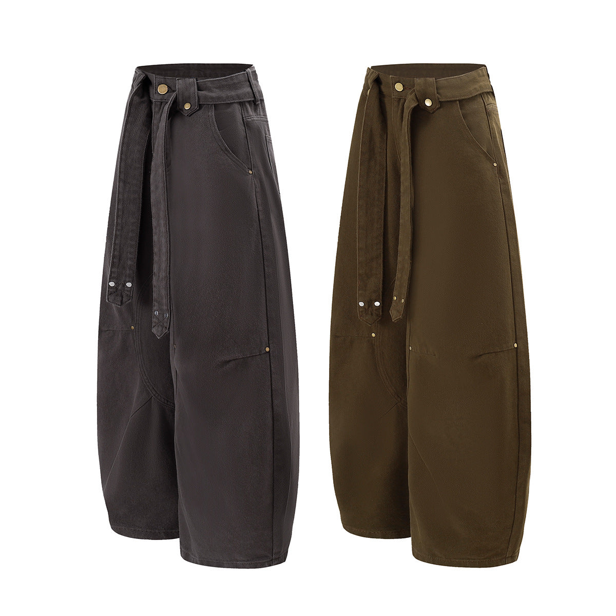 Wide-Leg Barrel Pants with Belt Strap, Pleated High-Waist Washed Casual Trousers