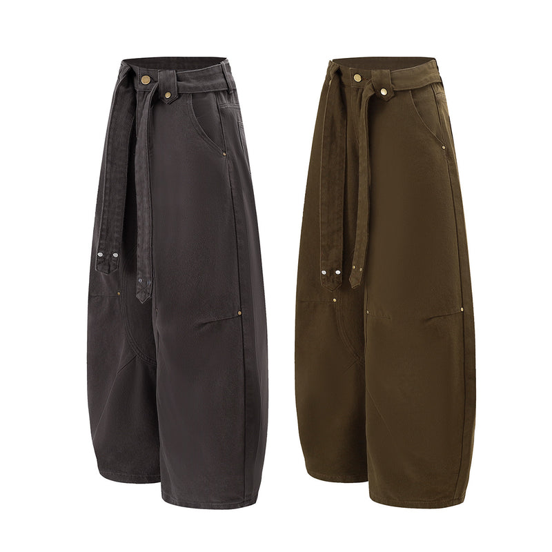 Wide-Leg Barrel Pants with Belt Strap, Pleated High-Waist Washed Casual Trousers